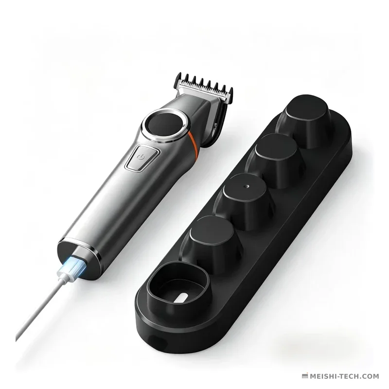 MS-827 5-in-1 rechargeable grooming kit with magnetic heads on its charging stand